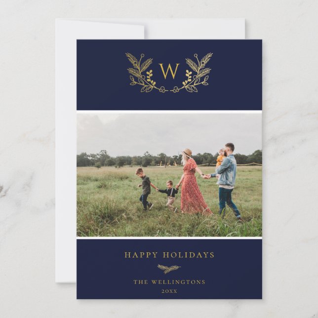 Golden Winter Sprigs Monogram Photo Blue Holiday Card (Front)