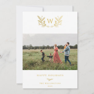 Golden Winter Sprigs Monogram Photo Holiday Card