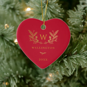 Golden Winter Sprigs Monogram Red Ceramic Tree Decoration