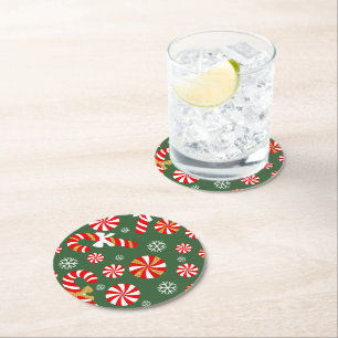 Golden Winter Sweet Snowfall Candy Cane Round Paper Coaster