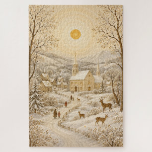 Golden Winter Village Church Landscape Jigsaw Puzzle