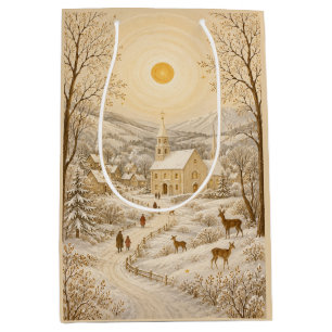 Golden Winter Village Church Landscape Medium Gift Bag