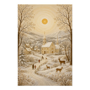 Golden Winter Village Church Landscape Poster