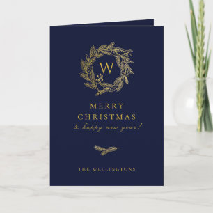 Golden Winter Wreath Blue Holiday Card
