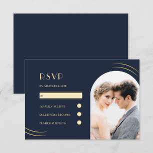 Golden Wisps Dark Blue Photo Wedding RSVP Card