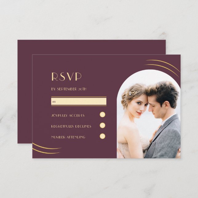 Golden Wisps Plum Photo Wedding RSVP Card (Front/Back)