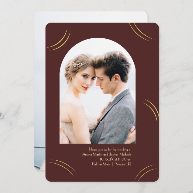 Golden Wisps Two Photo Burgundy Wedding Invitation (Front/Back)