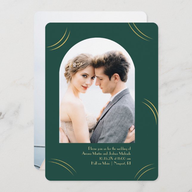 Golden Wisps Two Photo Emerald Green Wedding Invitation (Front/Back)