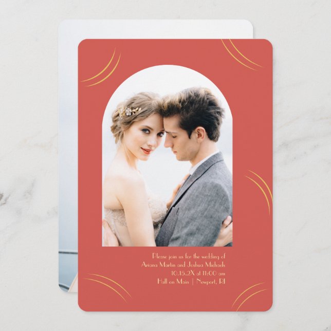 Golden Wisps Two Photo Red Wedding Invitation (Front/Back)