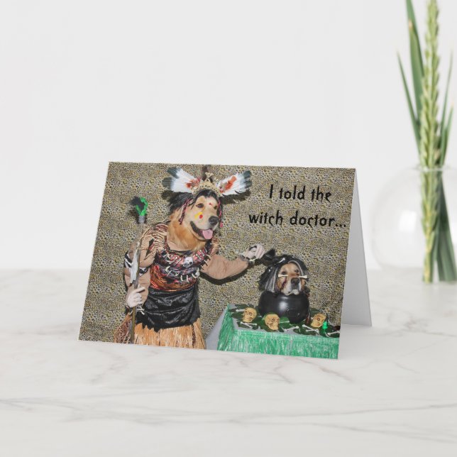 Golden Witch Doctor Cooks Halloween Shrunken Head Card (Front)