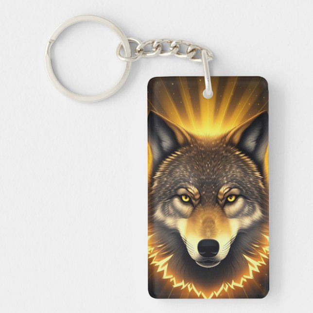 Golden Wolf Face Art Emanating Glowing Energy Key Ring (Front)