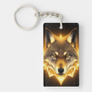 Golden Wolf Face Art Emanating Glowing Energy Key Ring