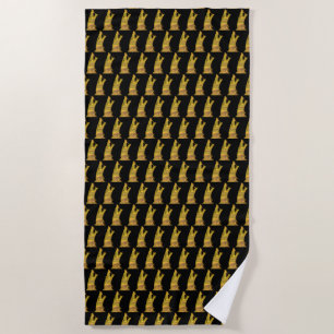Golden Wolf Head black beach towel
