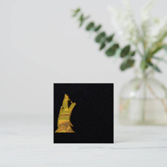 Golden Wolf Head black square business card vert (Standing Front)