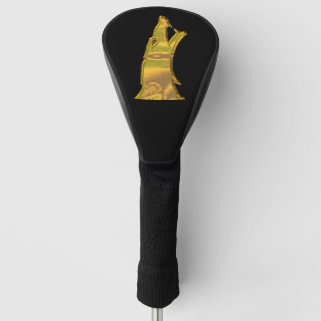Golden Wolf Head golf club driver cover black (Front)