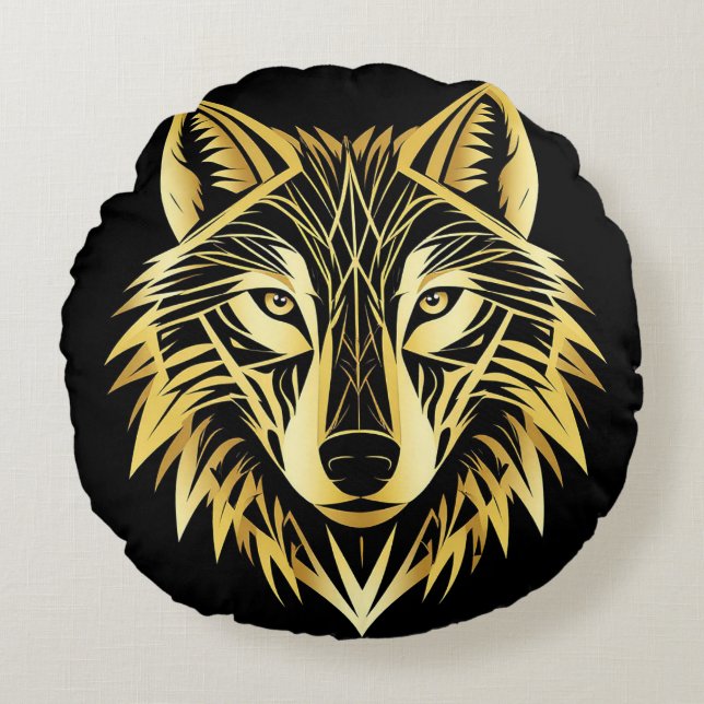 Golden Wolf Head On Black Geometric 🐺 Round Cushion (Front)