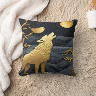 Golden Wolf Howling Under A Full Moon Cushion