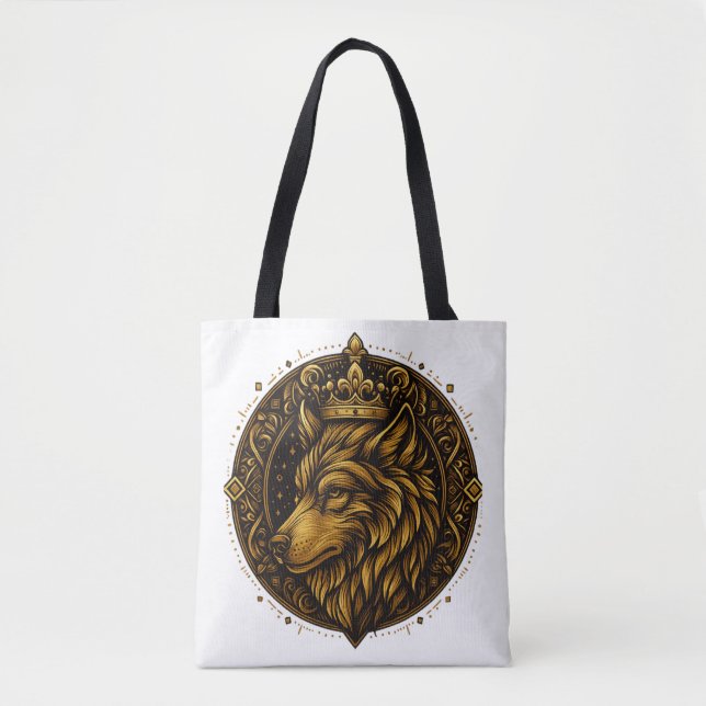 Golden wolf with crown design tshirts tote bag (Front)