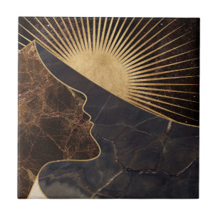 Golden Woman Illusion with Sun and Marble Textures Tile