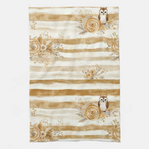 Golden Woodland Fox & Owl Stripe Pattern (2) Tea Towel