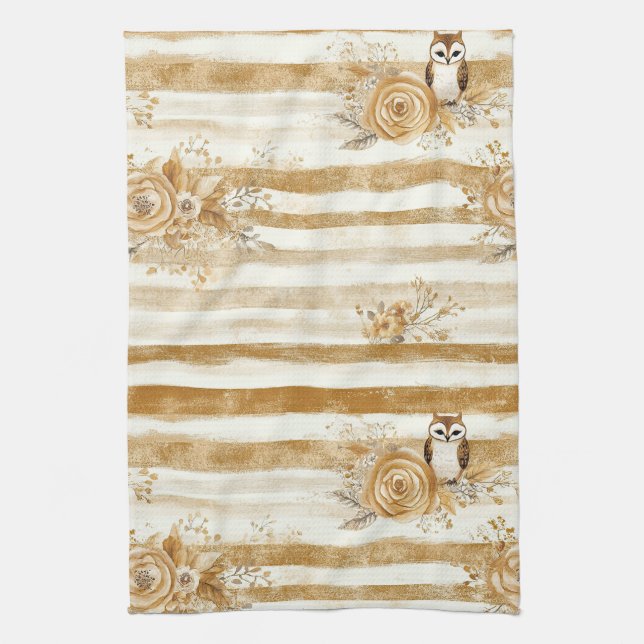 Golden Woodland Fox & Owl Stripe Pattern (2) Tea Towel (Vertical)