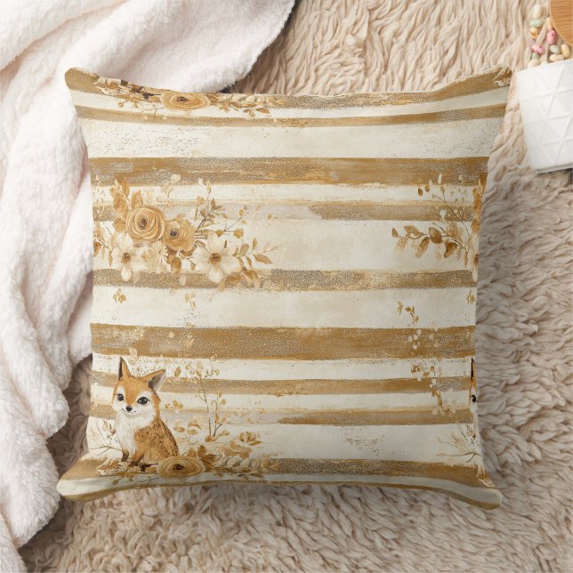 Golden Woodland Fox & Owl Stripe Pattern (3) Cushion (Blanket)