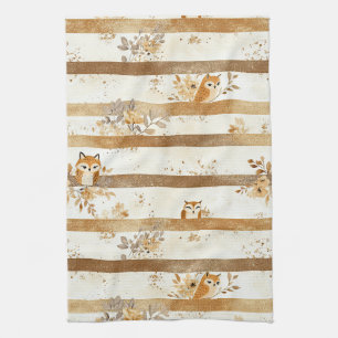 Golden Woodland Fox & Owl Stripe Pattern Tea Towel
