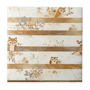 Golden Woodland Fox & Owl Stripe Pattern Tile