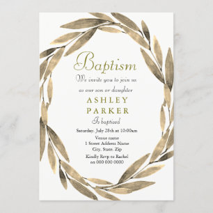 Golden Wreath Gold Leaf Boy Girl Baptism Invite