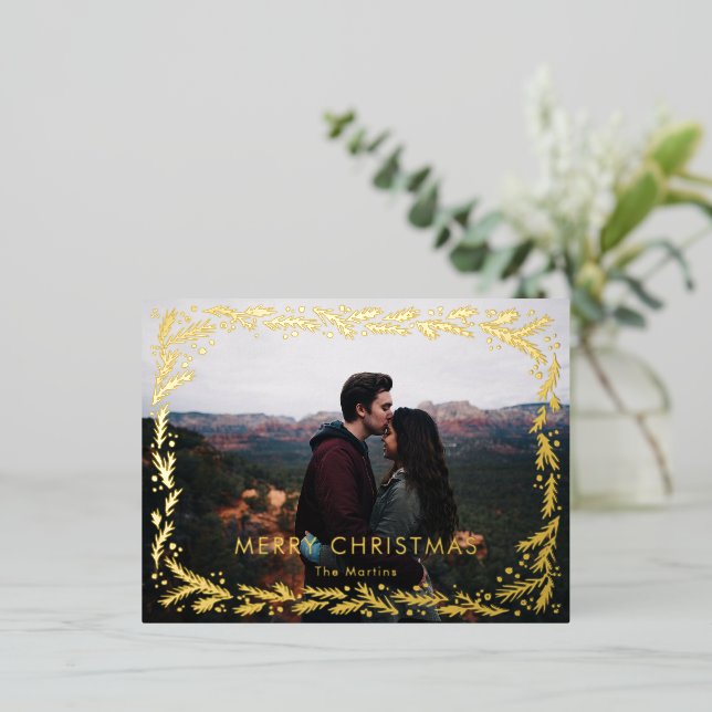 Golden wreath Merry Christmas Photo Design Foil Holiday Postcard (Standing Front)