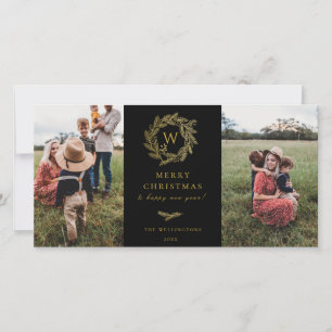 Golden Wreath Monogram Holiday 2 Photo Card Black
