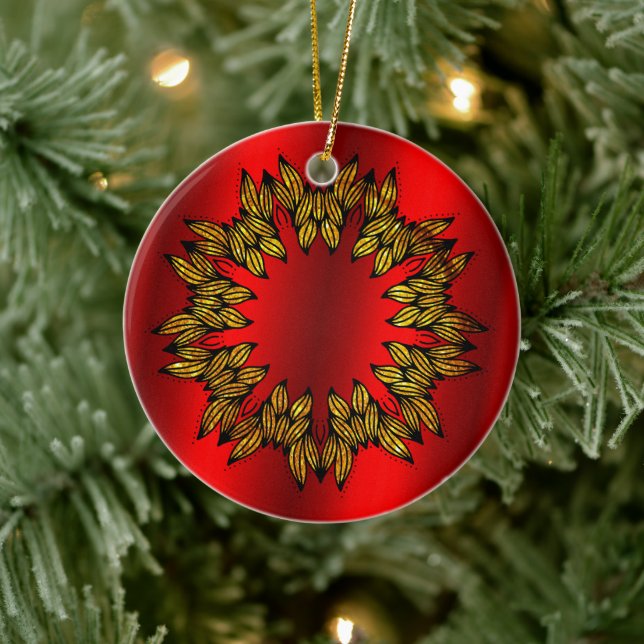 Golden Wreath on Red Christmas Ceramic Tree Decoration (Tree)