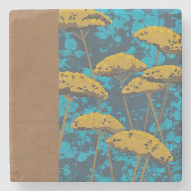 Golden Yarrow Garden with Blue Background Stone Coaster (Front)