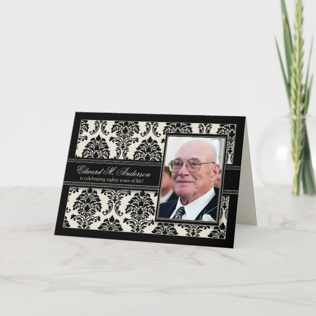 Golden Years Damask Birthday CARD Invite (black) (Front)