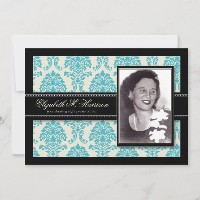 Golden Years Damask Birthday Party Invite (aqua) (Front)