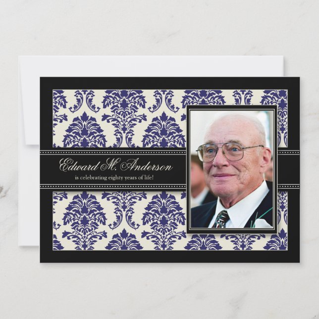 Golden Years Damask Birthday Party Invite (navy) (Front)