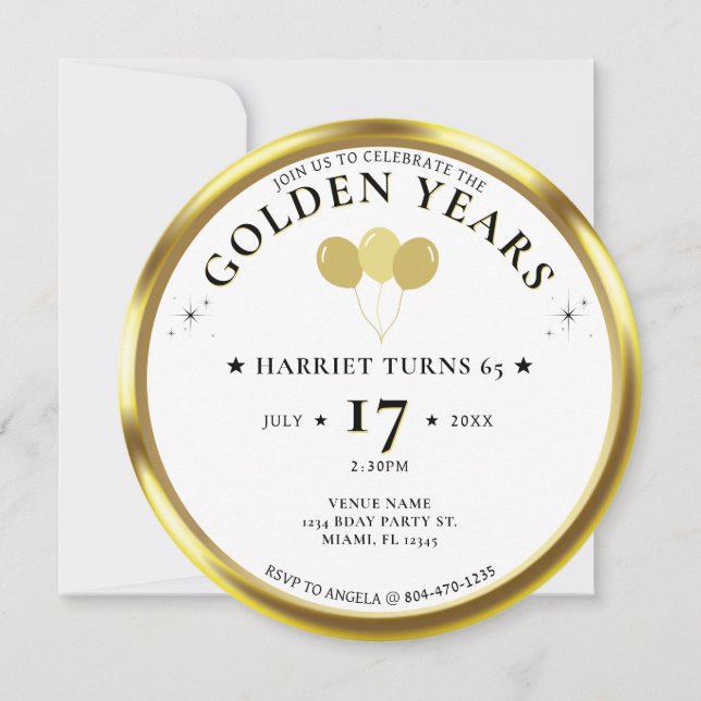 Golden Years Gold Coin Photo 65th Birthday Party Invitation (Front)