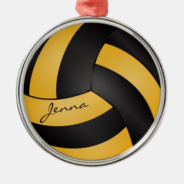 Golden Yellow and Black Personalise Volleyball Metal Tree Decoration (Front)