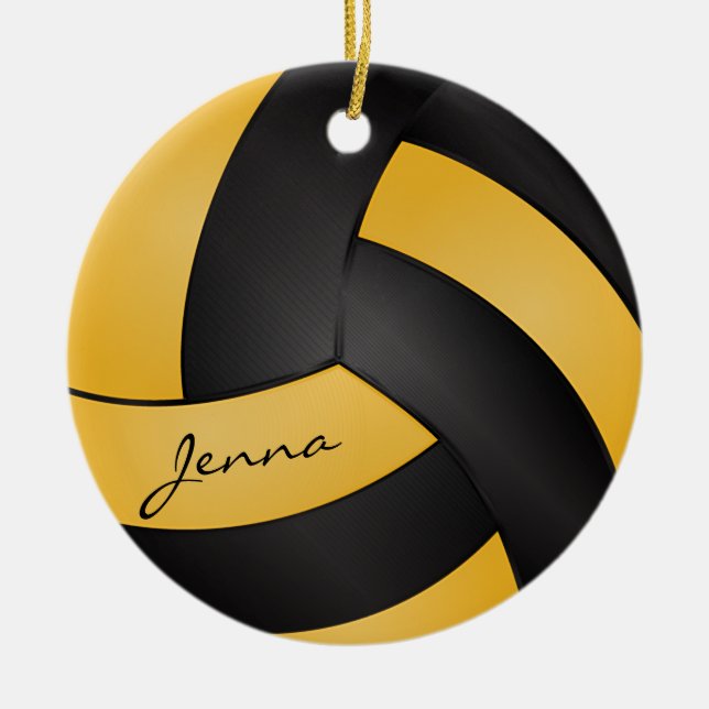 Golden Yellow and Black Volleyball | DIY Name Ceramic Tree Decoration (Front)