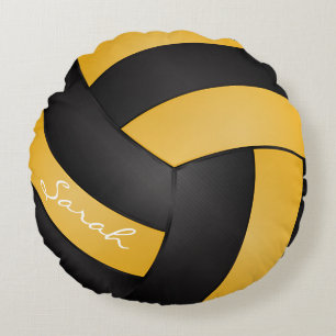 Golden Yellow and Black Volleyball   Personalise Round Cushion
