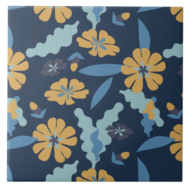 Golden yellow and blue floral pattern tile (Front)