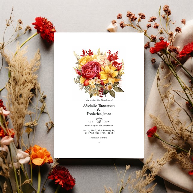 Golden Yellow and Lipstick Red Floral Wedding Invitation (Creator Uploaded)