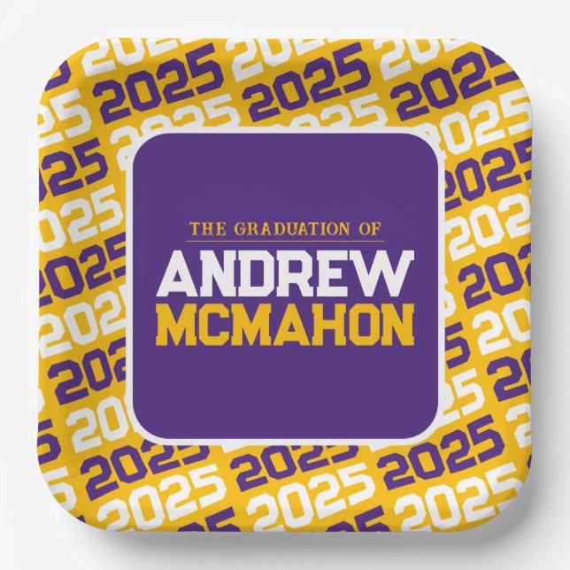Golden Yellow and Purple Personalised Graduation Paper Plate (Front)