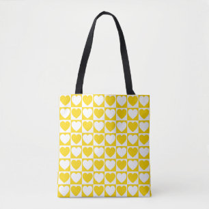 Golden Yellow and White Checkered With Hearts Tote Bag