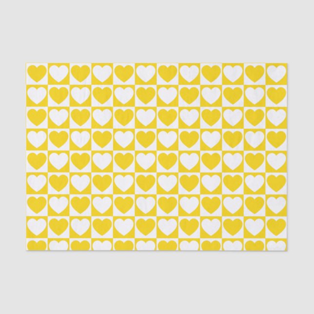 Golden Yellow and White Chequered With Hearts Tissue Paper (Front)