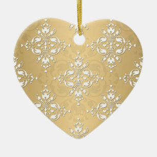 Golden Yellow and White Damask Pattern Ceramic Tree Decoration