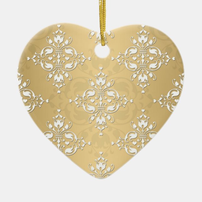 Golden Yellow and White Damask Pattern Ceramic Tree Decoration (Front)