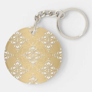 Golden Yellow and White Damask Pattern Key Ring