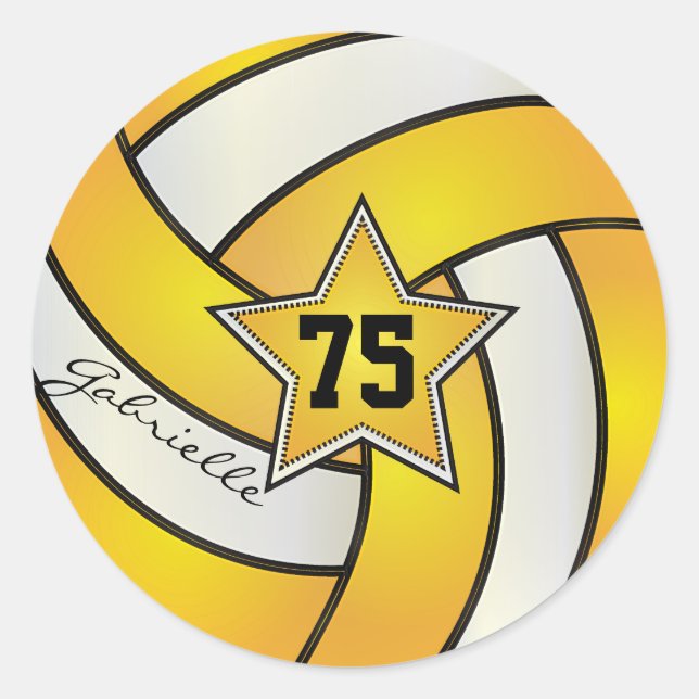 Golden Yellow and White Volleyball | DIY Text Classic Round Sticker (Front)