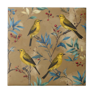 Golden Yellow Birds & Red Berries - Camel Brown Tile